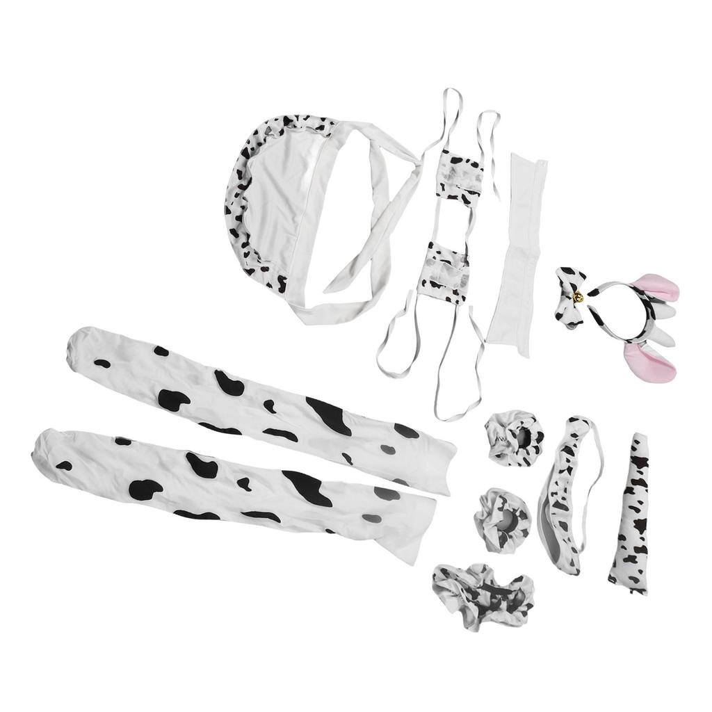 Damen Cosplay Set Niedlicher Kuh-Stil Rollenspiel Uniform Kopfbedeckung Unterwäsche Taillenband Schürze Bekleidungsset Weiß Einheitsgröße