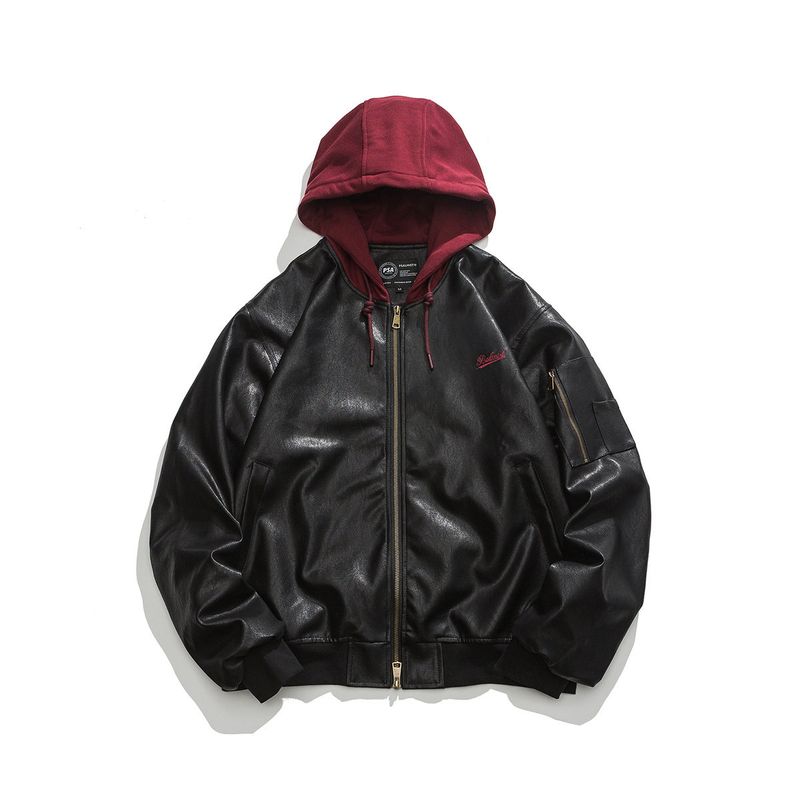 

Men s Japanese-Style Patchwork Hooded Leather Jacket for Autumn and Winter, Street Fashion Trendy Faux Two-Piece Biker Leather Coat Red 2XL