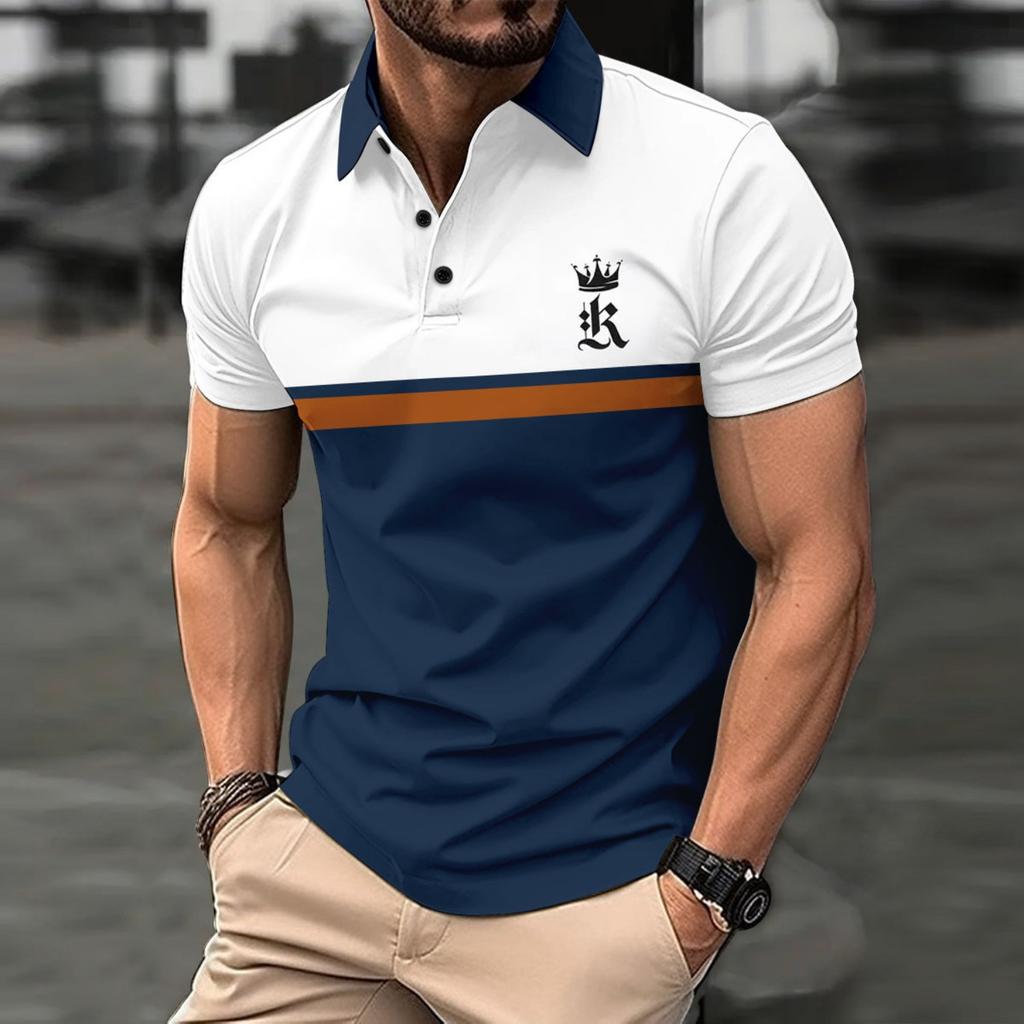 Colour Block Printed Short Sleeve Top Men's Daily Casual Lapel Polo Shirt