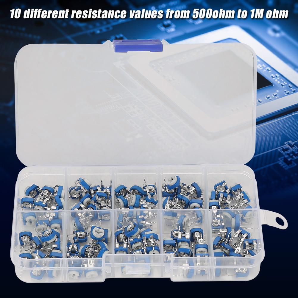 100Pcs 10 Values Blue White Variable Resistor Trimmer Pot Electronic Component with Box RM065