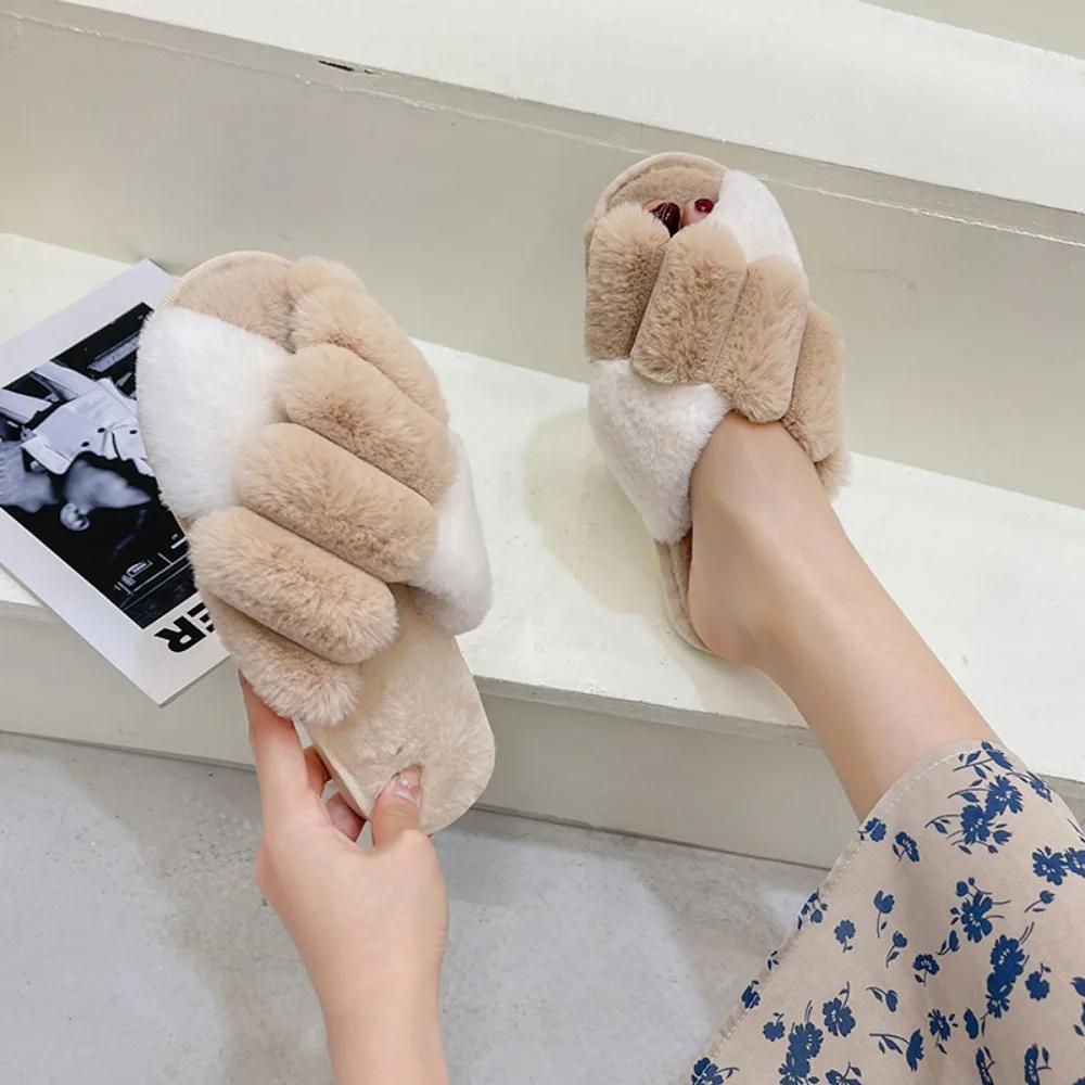Women Winter House Furry Slippers Fluffy Faux Fur Home Slides Flat Fashion Indoor Floor Shoes Ladies Flip Flops Chaussure Femme