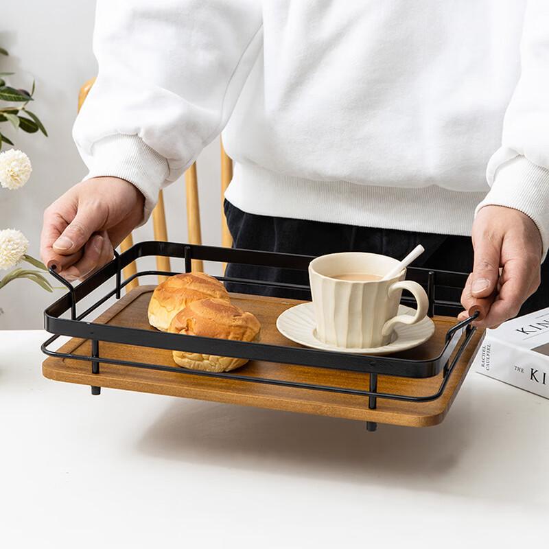 Rectangular Bamboo Wood Serving Tray with Metal Handles