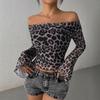 Leopard Print Top2025 Spring/Summer Women clothes Sexy Semi-Transparent off-Shoulder Long sleeve Leopard Print Print Top