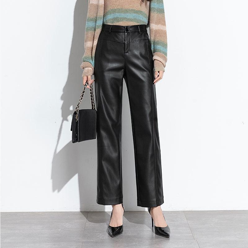 

Haining Women s 2025 High-Waist Leather Pants: Slimming, Wide-Leg, Pure Sheepskin, Casual Style L чёрный
