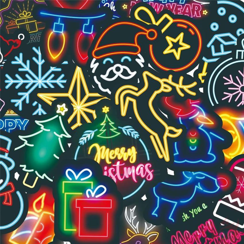 50Pcs/100Pcs Merry Christmas . Neon Color Style Stickers DIY Fashion Waterproof Doodle Decals Stickers