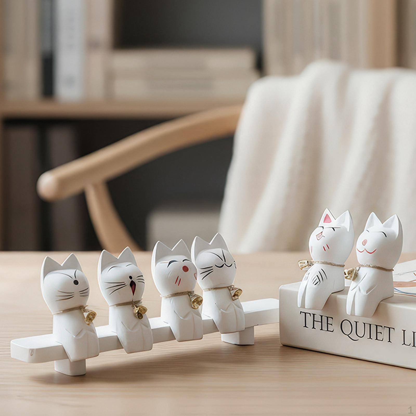 

6x Cat Statues Kitten Garden Figurines Animals Sculpture Desktop Ornament Japanese Wooden Bell