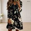 Women Plus Size Scalloped V Neck Long Sleeve Floral Printed Navy Blue Dress