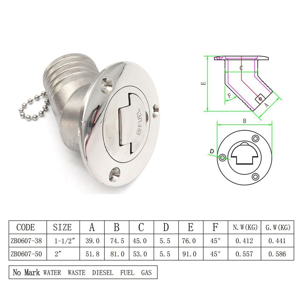 45/90 Degree Stainless Steel 316 Deck Filler Cap GAS DIESEL FUEL WASTE WATER 50mm(2inch) Marine Boat Yacht Hardware Deck Filler