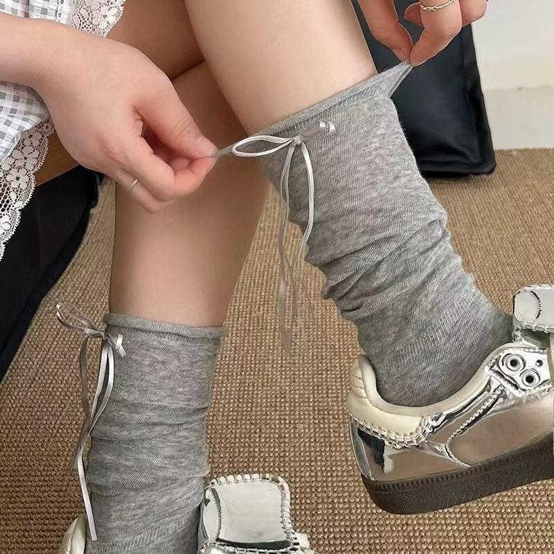 

Ballet-style White Thigh-high Cotton Rolled-edge Pile-up Socks with Bows - Summer Lightweight Version for Children s Mid-calf Length. 1 pair сірий колір