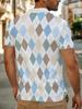 1pc Men'S Short Sleeve Polo Shirt, Multi-Size Available, Collar Button Design, Plaid Print White Lapel Short Sleeve Top, Suitable for Hiking And