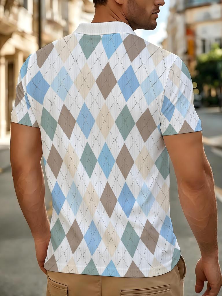 1pc Men'S Short Sleeve Polo Shirt, Multi-Size Available, Collar Button Design, Plaid Print White Lapel Short Sleeve Top, Suitable for Hiking And