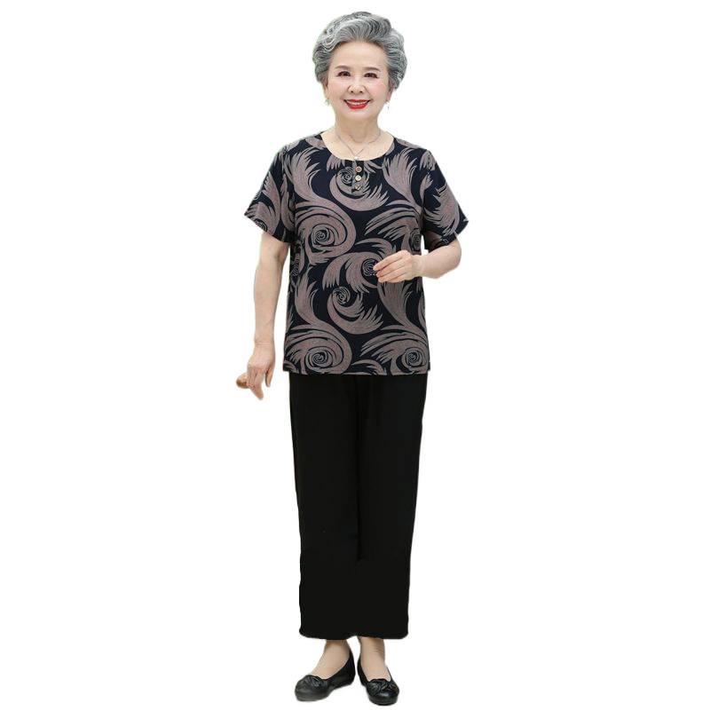 Summer Outfit: Short-Sleeve Top & Pants Set for Women in Their 60s and 70s - Cotton Silk Blend for Middle-Aged and Elderly Comfort