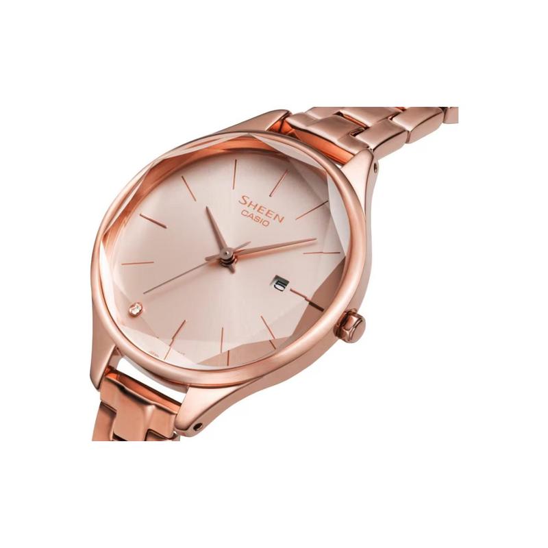 Casio CASIOSHEEN Series Simple Three-dimensional Rhombus Business Rose Pink Date Display Quartz Movement Stainless Steel Strap SHE-4062PG-4AUPR-person