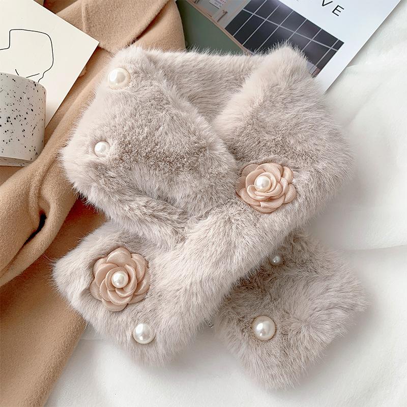 Soft Furry Plaid Scarf Korean Style Label Japanese Autumn and Winter Ins Plush Girl Scarf Imitation Rex Rabbit Fur Thickened