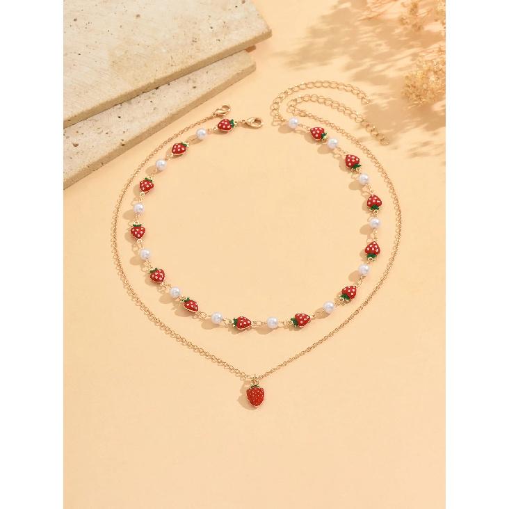 2Pcs Layered Strawberry Pearl Necklace Set for Women Cute Sweet Dainty Adjustable Summer Vacation Beach Jewelry Gift