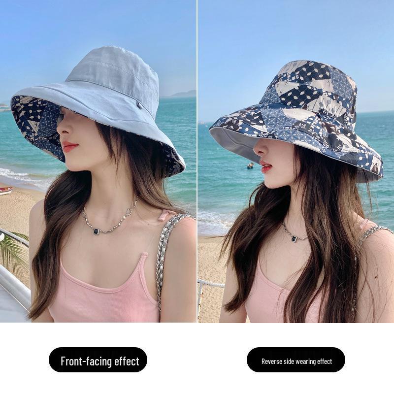 Women's Double-sided Sun Protection Bucket Hat - Summer Pure Cotton Anti-UV Wide Brim, Foldable for Travel.