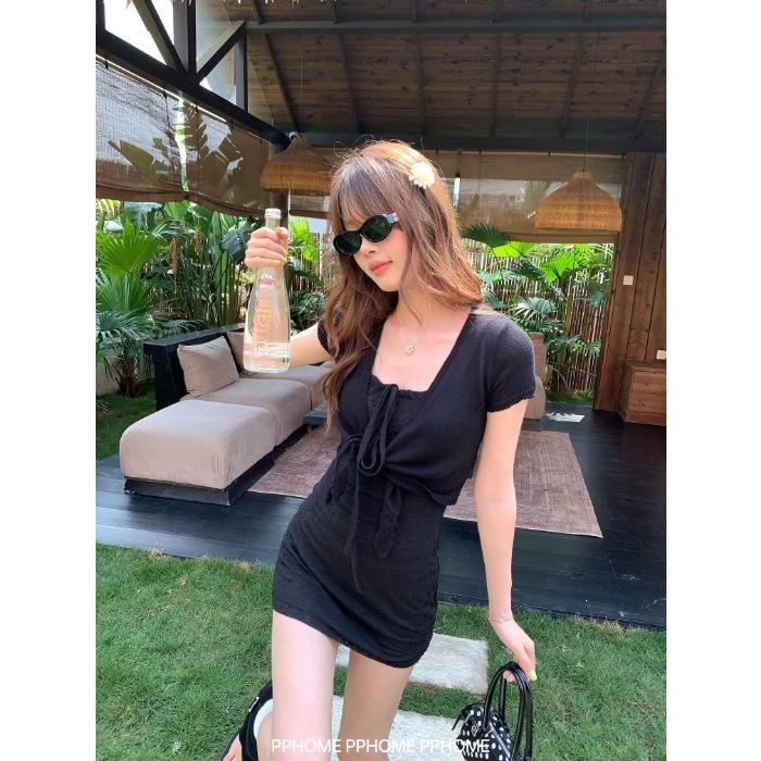Green fresh suspender dress women's summer atmosphere lace-up tube top beautiful slim slim and thin hip skirt