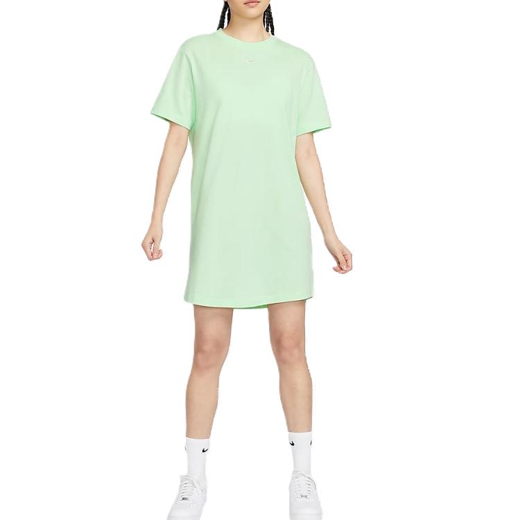 Nike Sportswear Essentials Loose Fit Solid Color Crew Neck Pullover Brand Logo Printed Short Sleeve Dress Women dresses Steam-Green DV7883-376