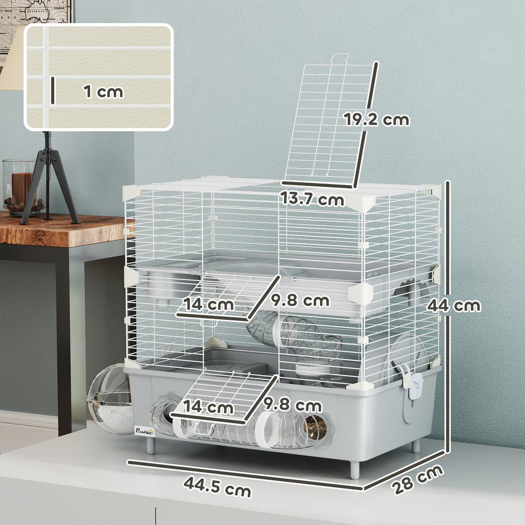 2-Tier, 3-Door Hamster Cage with Wheel and Tubes, Steel, PS and PP, 44.5x28x44 cm, Grey and White