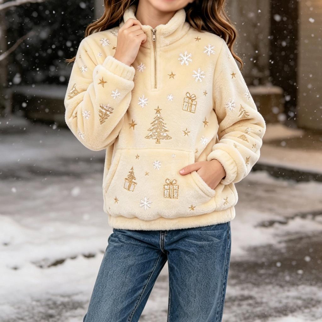 Boys Girls Christmas Sweatshirt, Pattern Long Sleeve Stand Collar Pullover for Fall Winter, Casual Comfortable Top