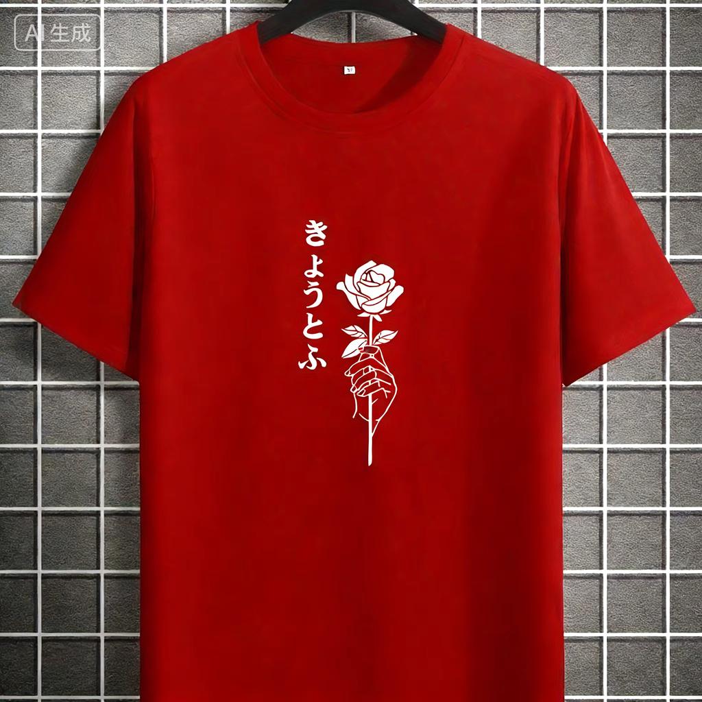 Summer Unisexs Adult American Style Rose Flower Print Cotton Breathable Shortsleeved Simple Tshirt Loose And Comfortable