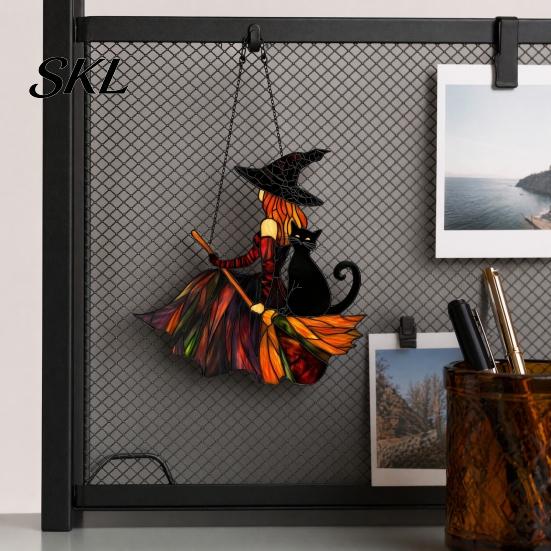 Three Dimensional Acrylic Decor Vintage Halloween Cat Witch Decoration, Window Hanging Ornaments, Transparent Art Rustic Farmhouse Tree Decor,