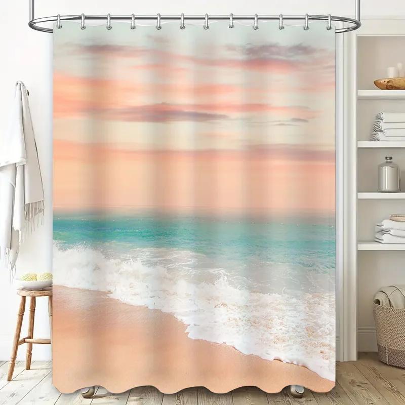 Beach Bliss Shower Curtain: Soft Coral Blue Ocean Waves Waterfall Decor for Bathroom Pink Boho Vintage Style Waterproof Fabric D