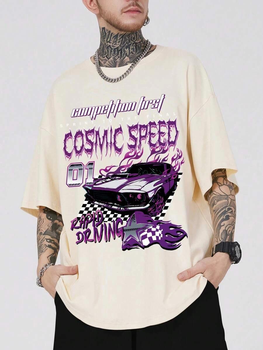 Мужская футболка с графическим принтом Street Life Guys Car & Letter – Городская футболка с графикой уличных гонок L