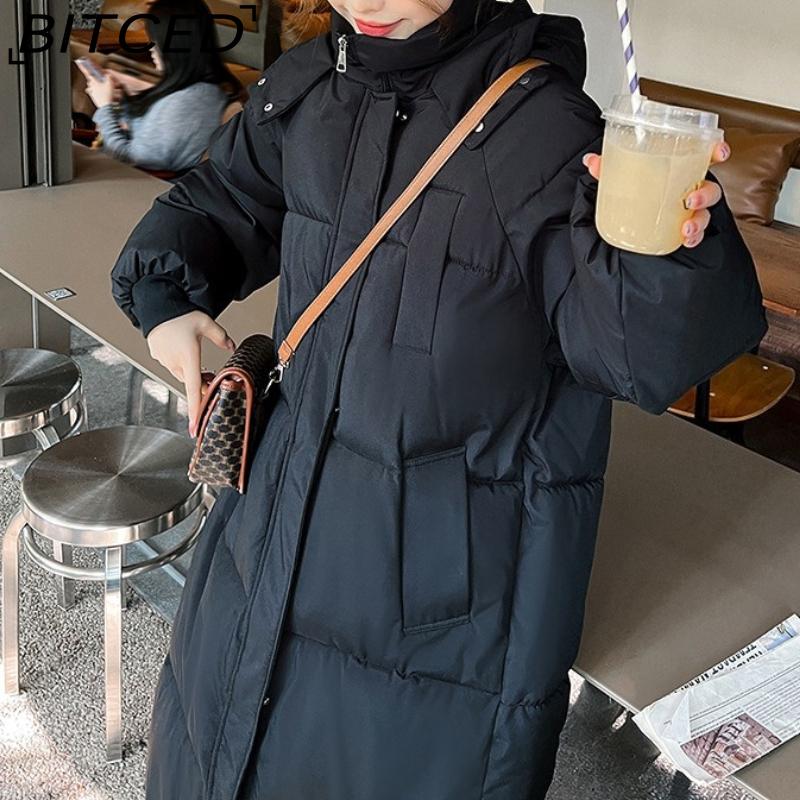 BITCED Women's Long Winter Coat - Knee-Length, Loose-Fit Down Jacket, Thickened Cotton-Padded Coat