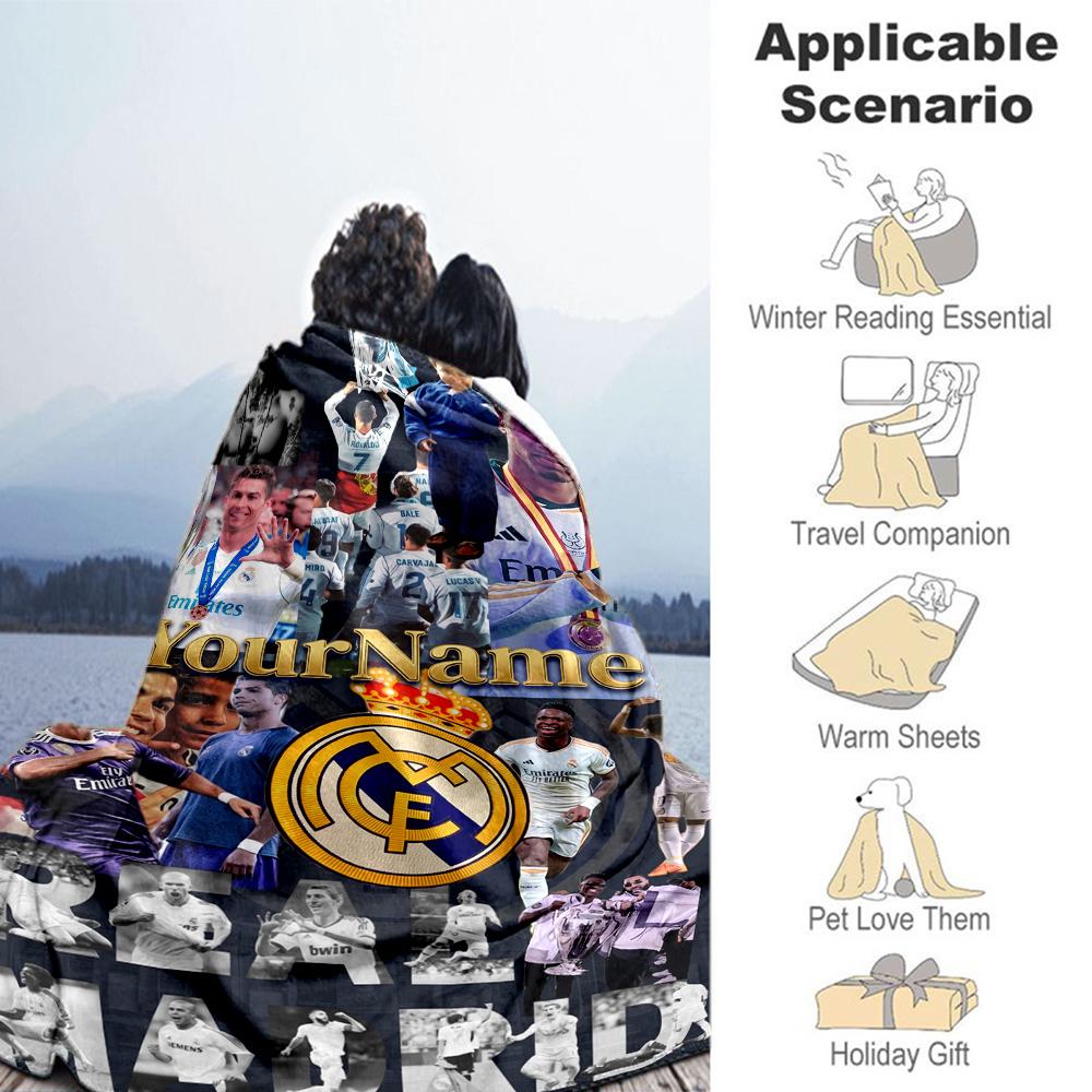 Real Madrid Personalized Text Blanket Throw Customizable Blanket Soft & Cozy Throw For Bedding Office Chair Office Bed Four Seasons Multipurpose