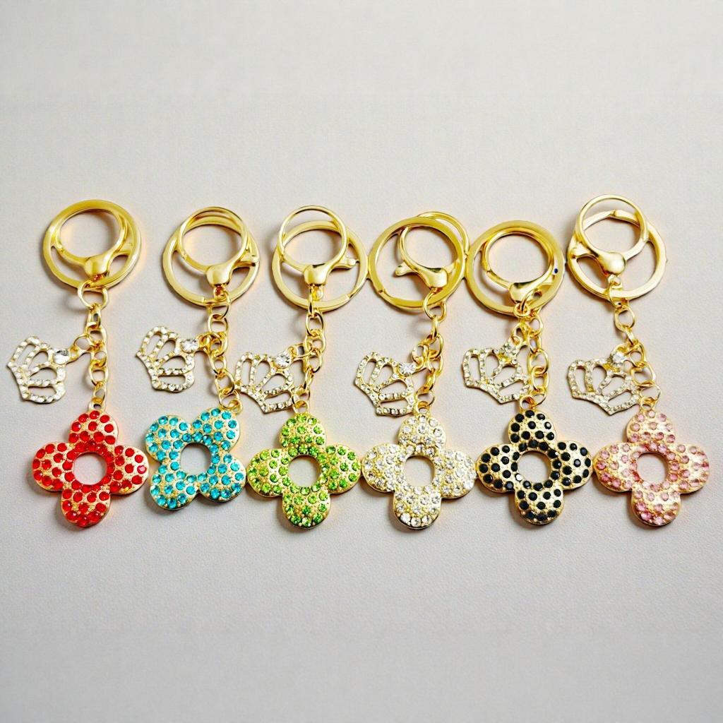 Korean Rhinestone Crown & Flower Keychain – Exquisite Pendant for Bags & Cars