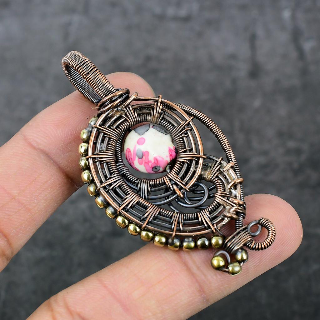 Natural Mosaic Jasper Gemstone Copper Wire Wrap Gift Jewelry Pendant 2.56" S2P25