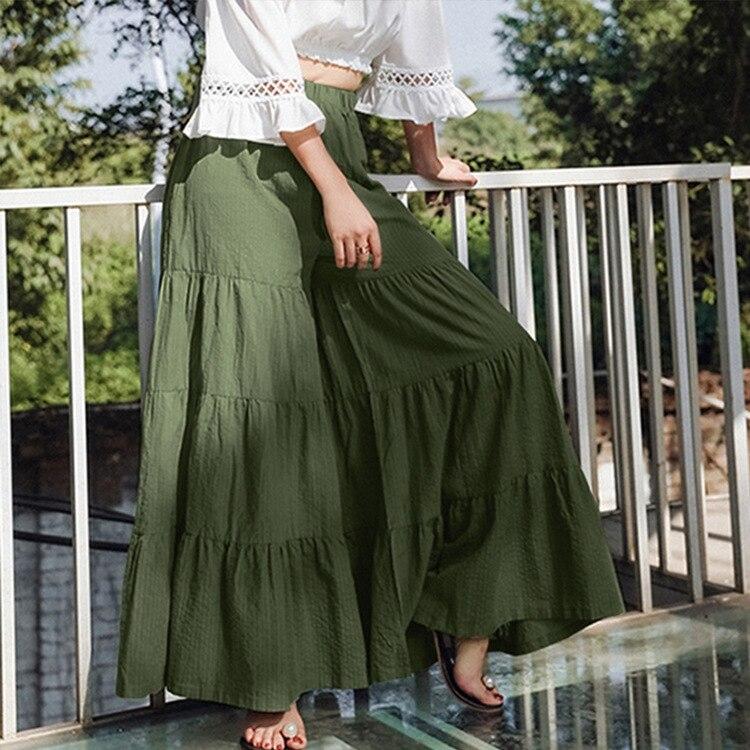 Casual Comfortable Wide Leg Pants Fashion Elastic Waist Pleated Cake Skirt Trouser Summer Folds Loose Solid Pants Pantalon 25736