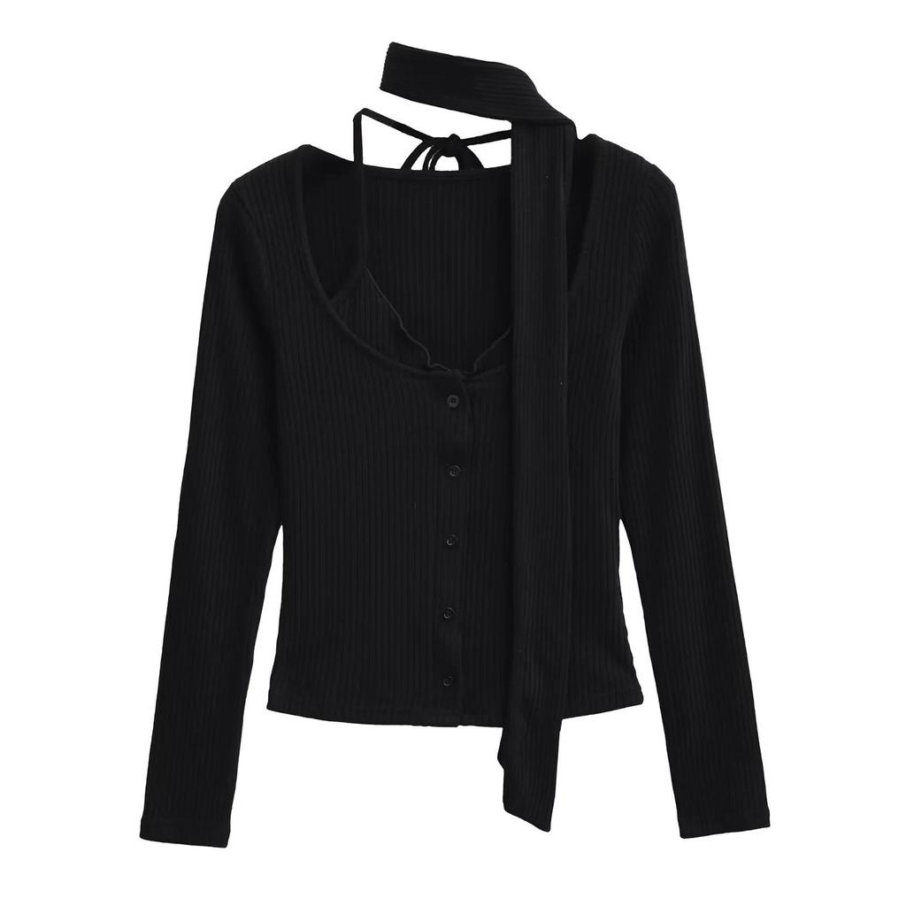Temperament Pure Desire Spliced Faux Two-Piece Turtleneck Tie Imitation Cashmere Long Sleeve Tee with Flowing Ribbon Scarf for Women