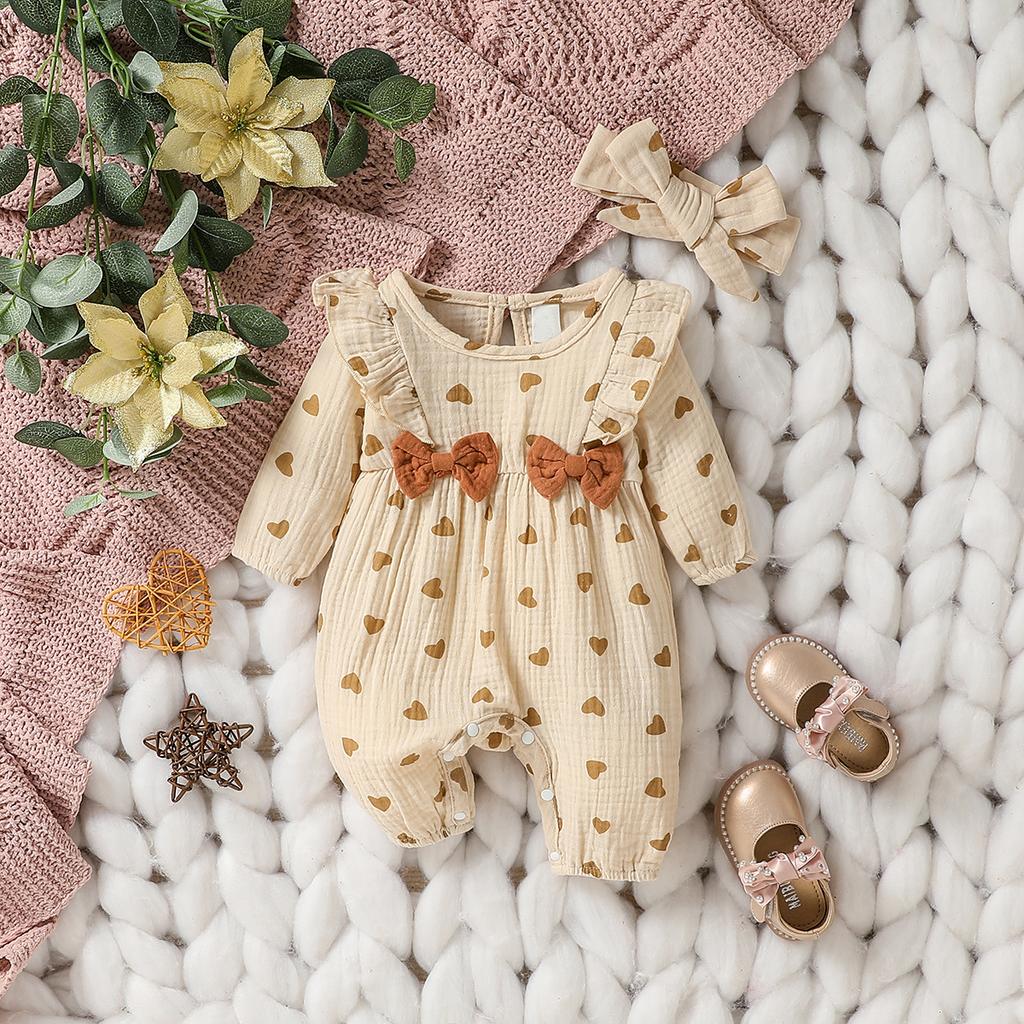 Baby Girl's All Seasons Long Sleeve Print Floral With Bow Daily Jumpsuit For Newborn-6M Clothes +Headband