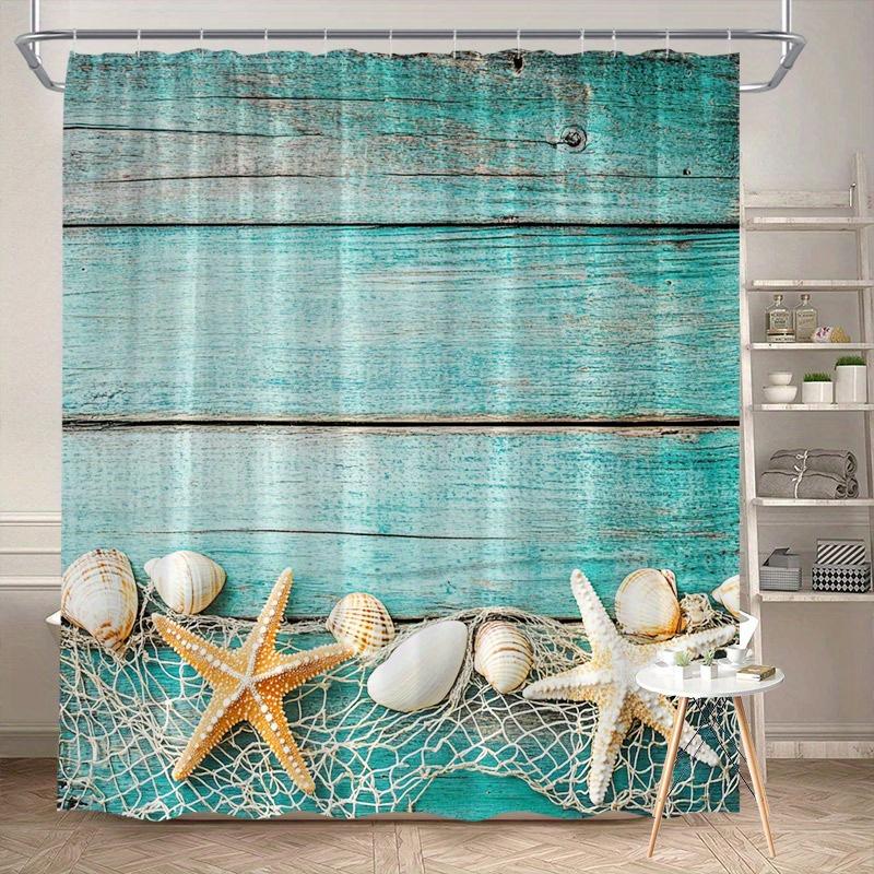 Rustic Coastal Shower Curtain - Seashells, Starfish, Scallop Design, Weathered Turquoise, Nautical Tranquility, Polyester, W90xH180cm