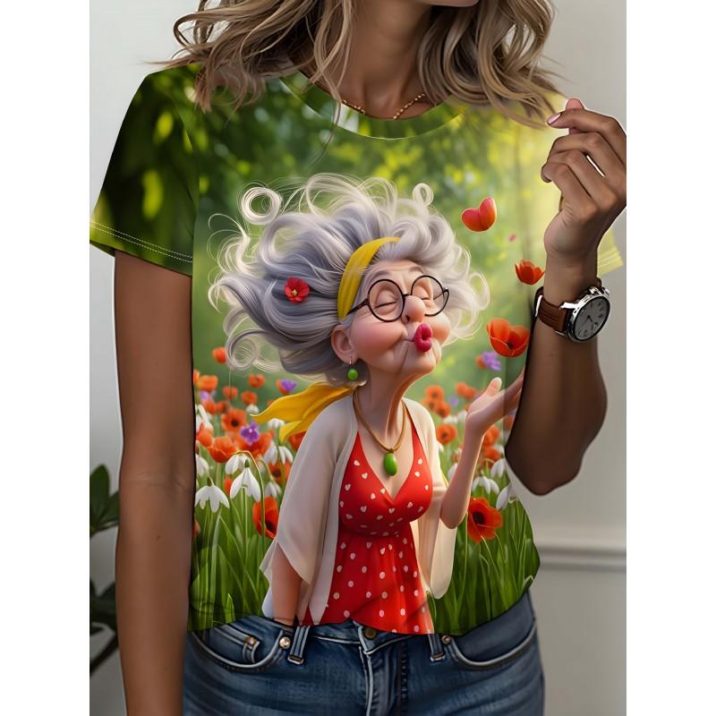 Womens Slim Fit Short Sleeve T-Shirt With 3D Cartoon Animal Print Digital Printing Casual Top