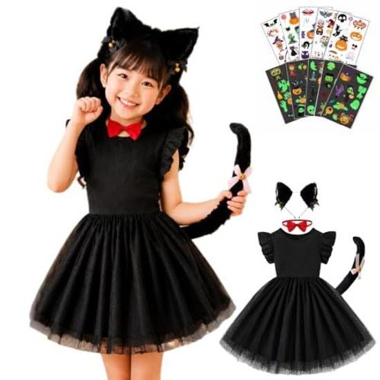Elovra Halloween Cosplay Kinder Schwarze Katze 5-teiliges Set Kostüm Kinder 90-130cm Unisex Kleid