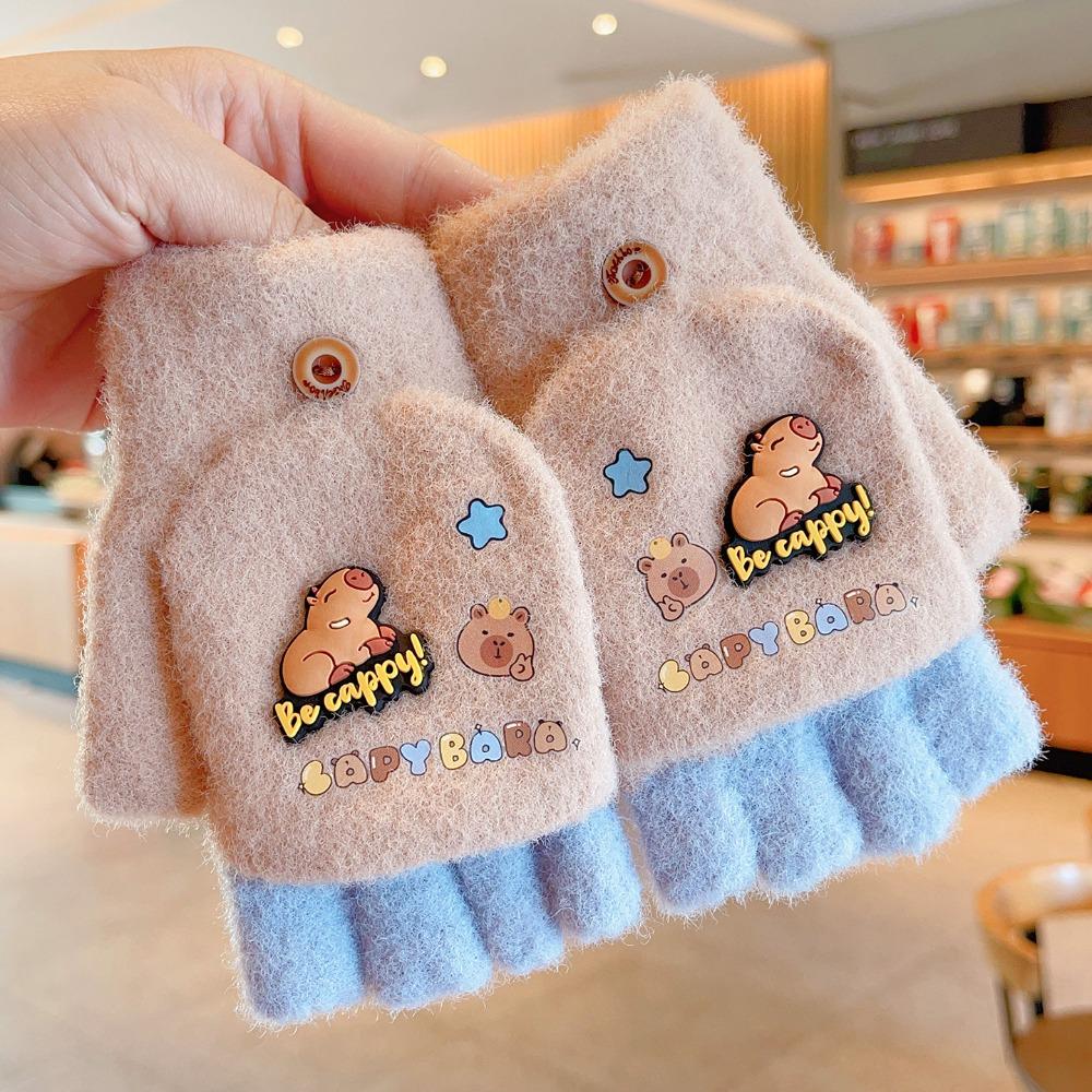 

Thickened Half Finger Gloves Cold-Proof Kids Knitted Mitten New Capybara Winter Flip Gloves School хаки