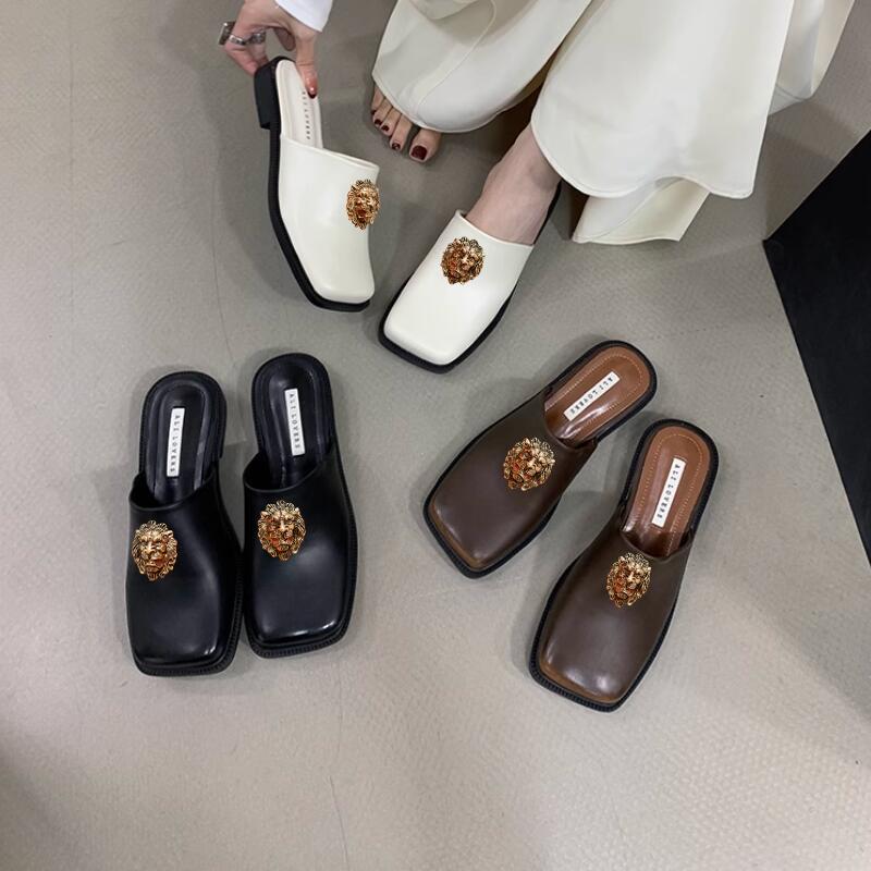 Baotou half slippers women's new French vintage small leather shoes square head single shoe flat soft sole Muller shoes 37