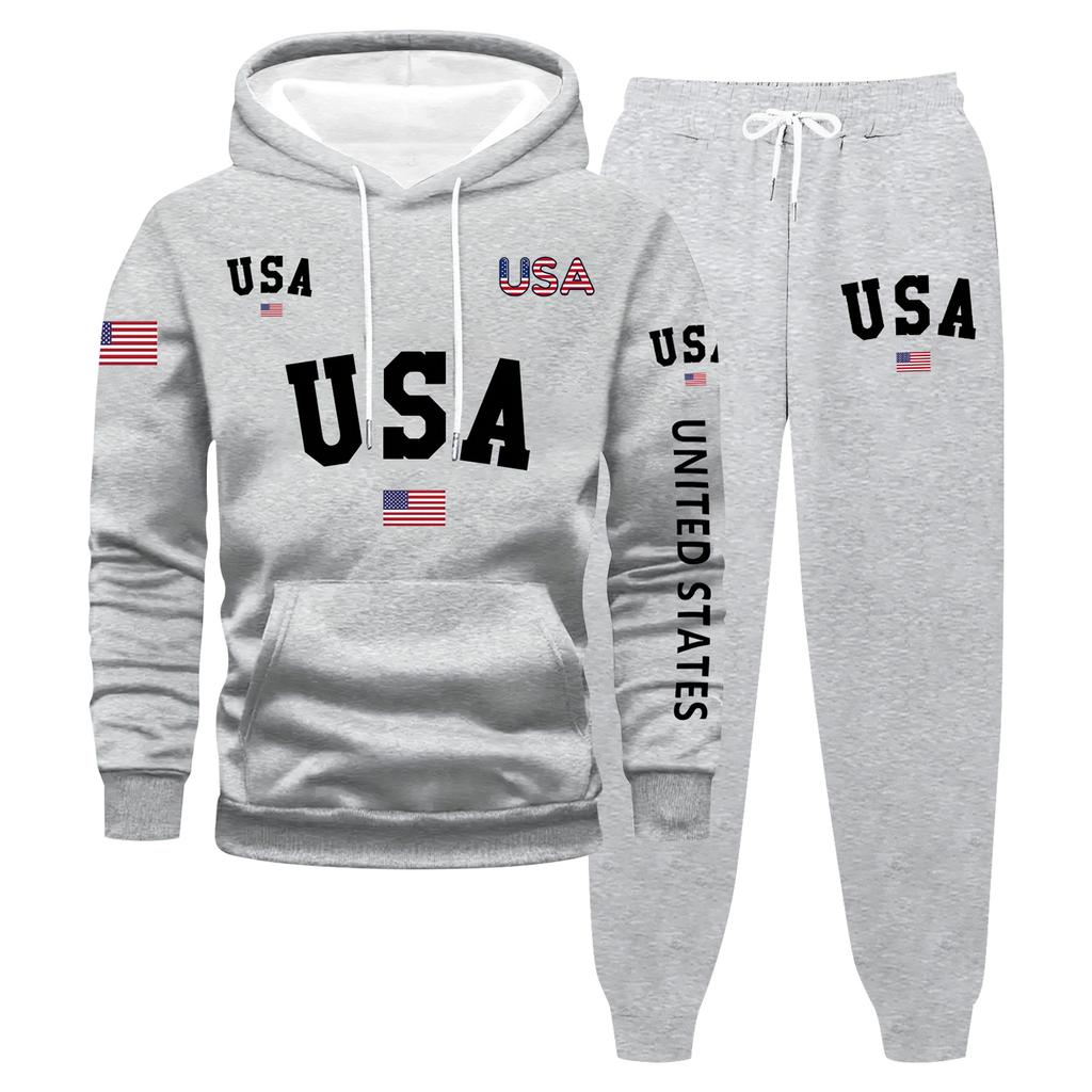 Men's Large Size Solid Color Printed Sweatshirt Set Men's Casual Sports Suit Sweatshirt Set