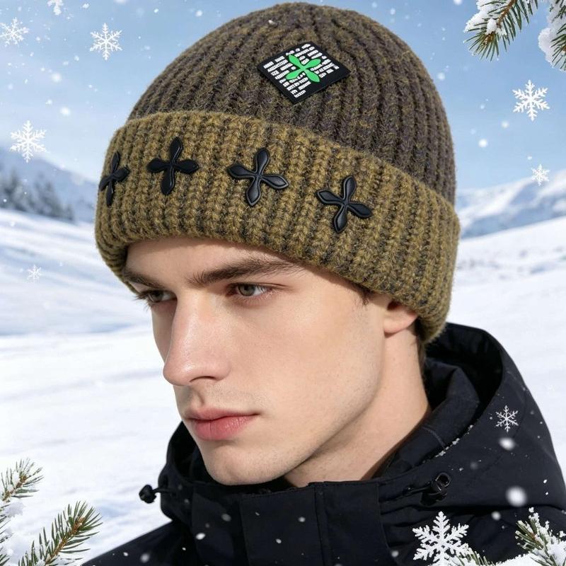 Y2K Men and Women Winter Knit Beanie Thickened Warm Black Four Leaf Decor Patch Label, Warm Mixed YarnStreetwear Cuffed Skull Ha