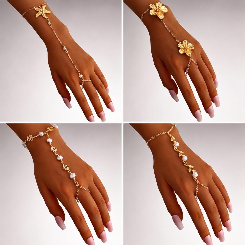 Gold Color Chain Ring Bracelet Starfish Flower Pearl Bracelet Finger Bracelet Jewelry Accessories