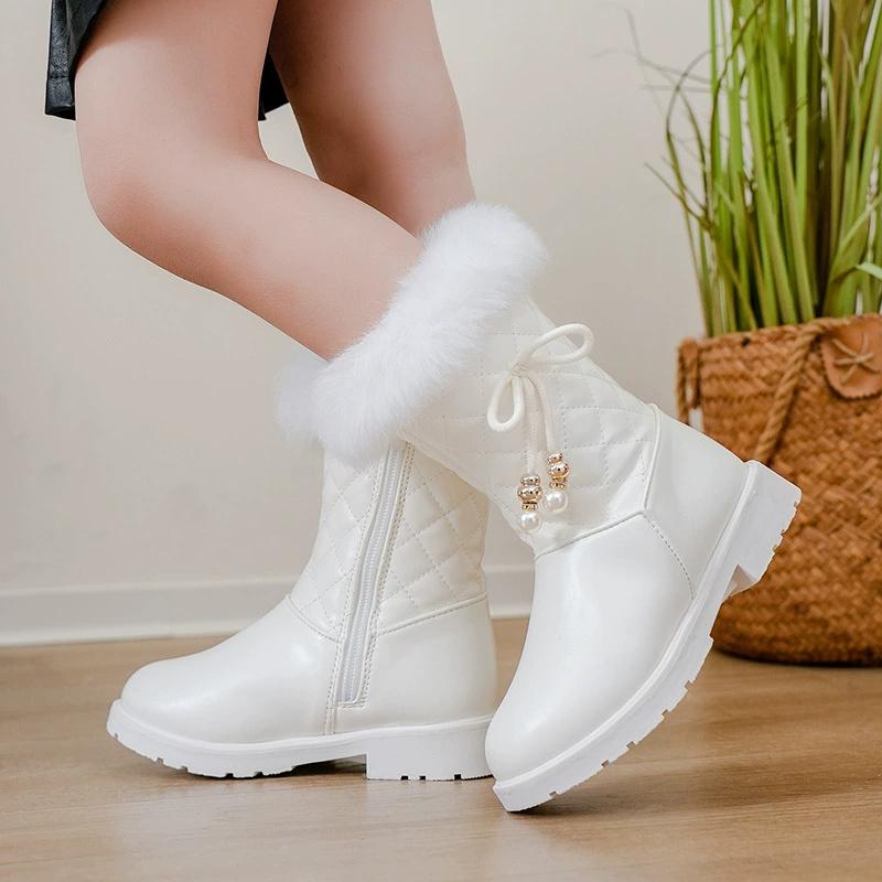 

Girls Winter Snow Boots Kids PU Leather Mid-calf Boots with Plush Zipper Closure Tassel Non-slip TPR Sole Warm Shoes 27 белый
