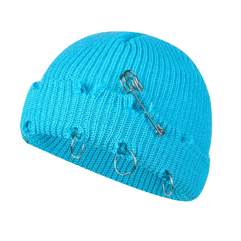 Women Girls Y2k Gothic Beanie Winter Knit Hats Trendy Metal Rings Pin Hip Hop Streetwear Harajuku Skull Cap Emo Scene Grunge