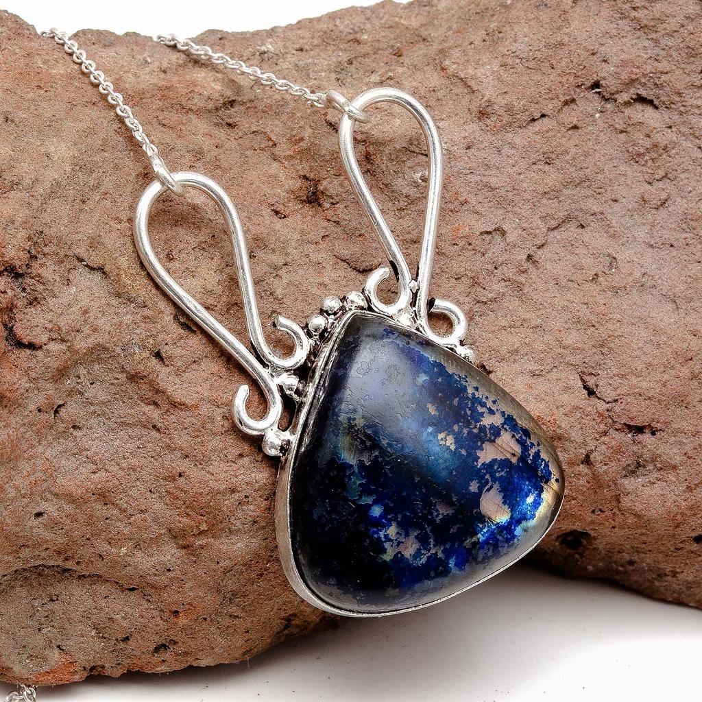 Labradorite Necklace Blue Silver Natural Beads  Gifted Pendant Cts