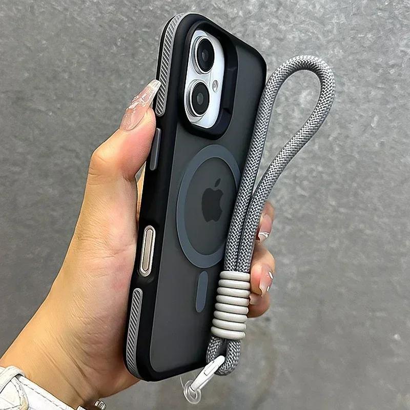 Luxury With Lanyard Magsafe Matte Phone Case For iPhone 17 16 15 14 13 12 11 17 Pro Max Air Magnetic Color Bumper Back Cover