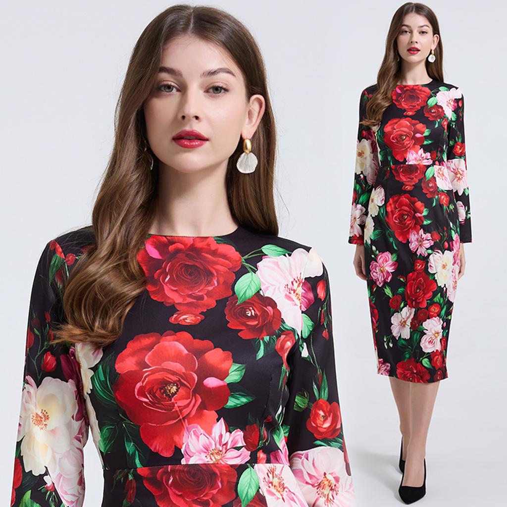 Spring Summer Women Designer Vintage Print Rose Office Work Slim Bodycon Pencil Dresses