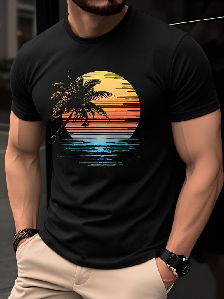 Summer Vintage Gradient Sunset Palm Tree Print Beach 100 Pure Cotton Unisexs Round Neck Tshirt Casual Vacation Short Sleeved