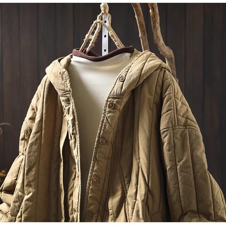 Women's Retro Winter Quilted Cotton Jacket with Hood, Vertical Stripes, Loose Fit, Petite Size, Warm & Thick Design
